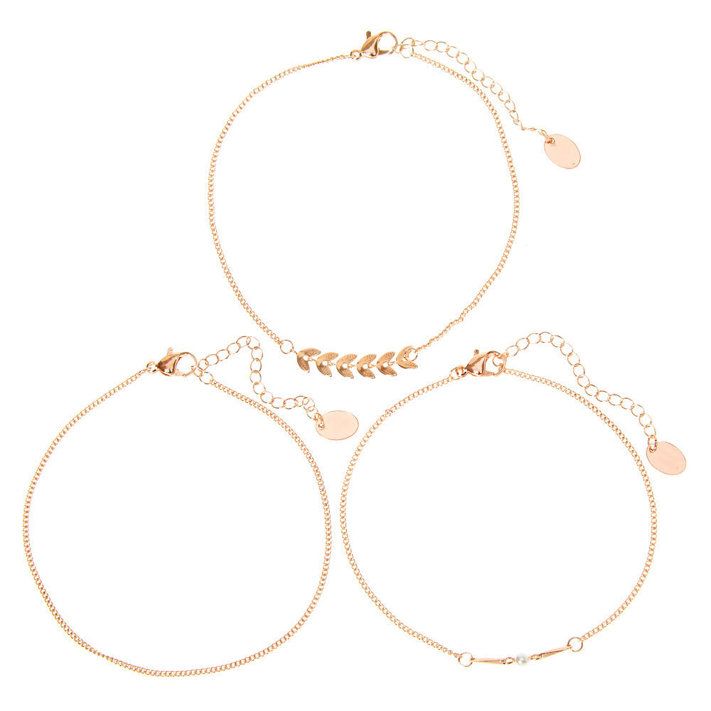 Rose Gold Pearl Leaf Chain Anklets 3 Pack Claire s