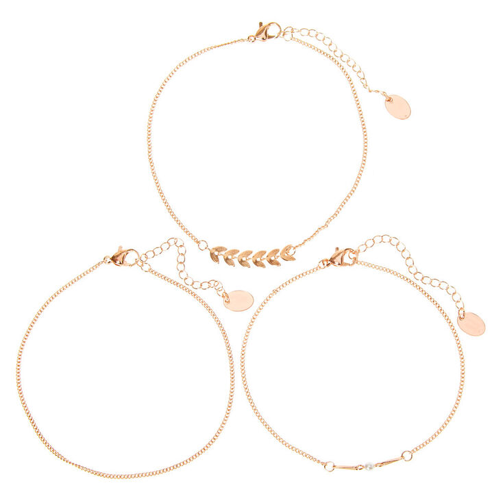 Bracelets de cheville cha&icirc;ne feuilles et perles d&rsquo;imitation couleur dor&eacute; rose - Lot de 3,