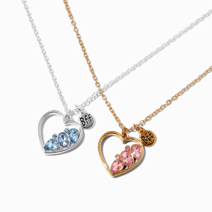 Best Friends Mixed Metal Half Rhinestone Heart Pendant Necklaces - 2 Pack,