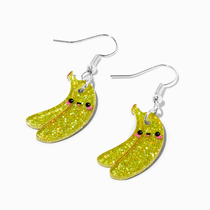 Glitter Happy Face Banana Drop Earrings,
