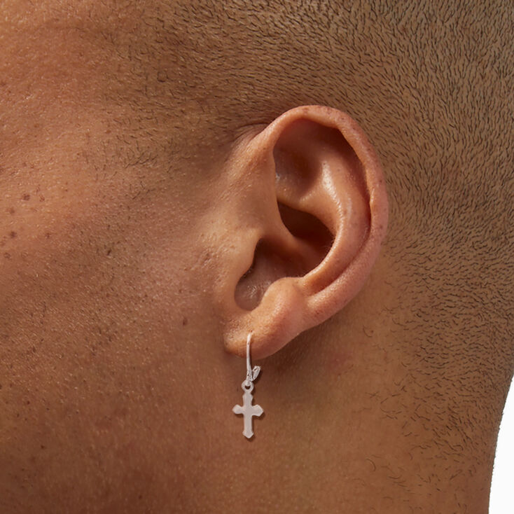 Silver Mixed Ear Cuff &amp; Cross Huggie Hoop Earrings Set - 4 Pack,