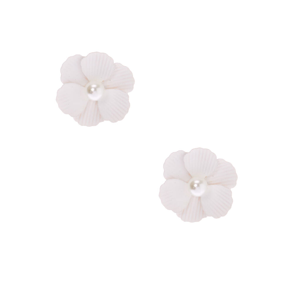 Pearl Flower Stud Earrings - White,