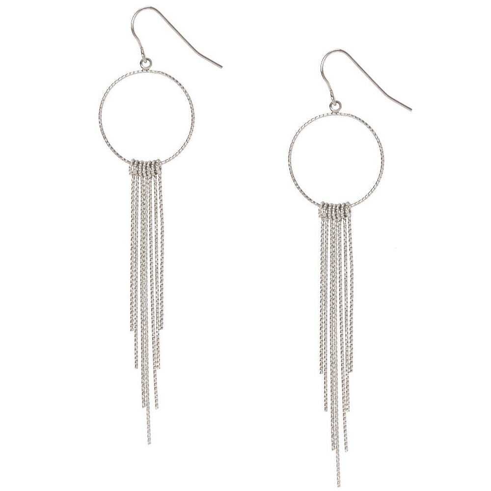 Silver Tone Silver Open Circle with Bar Fringe Drop Earrings,