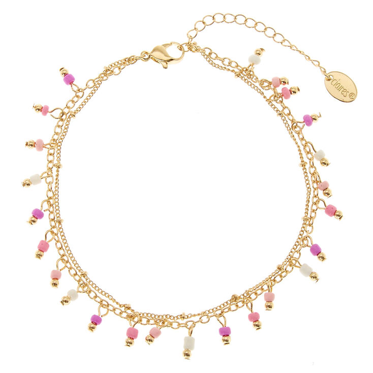 Pink &amp; White Double Layer Beaded Anklet,