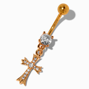 Gold-tone Stainless Steel Cubic Zirconia Gothic Cross 14G Belly Bar,