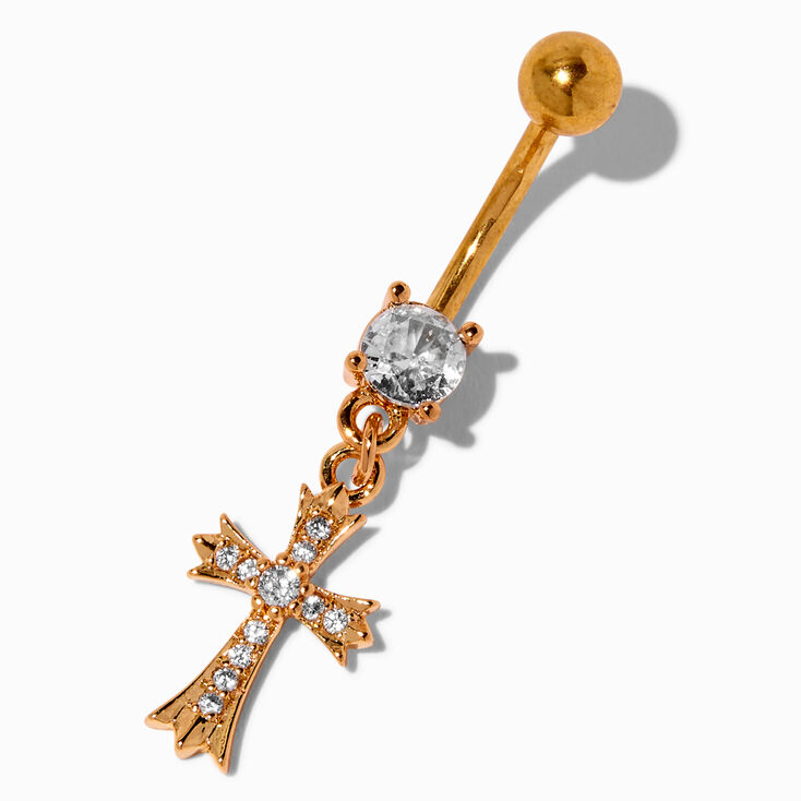 Gold-tone Stainless Steel Cubic Zirconia Gothic Cross 14G Belly Bar,