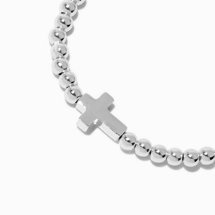 Silver-tone Cross Beaded Stretch Bracelet,