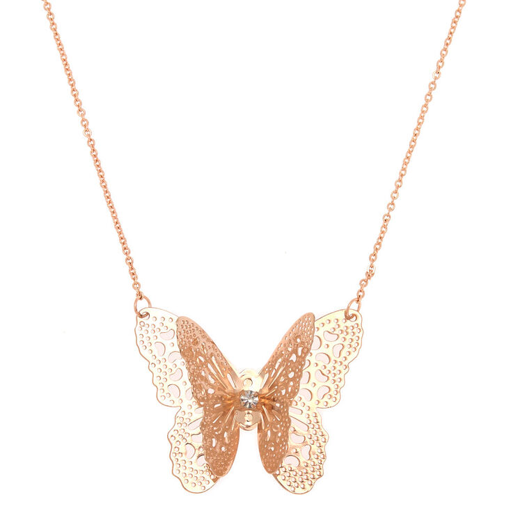 Rose Gold Filigree Butterfly Long Pendant Necklace,