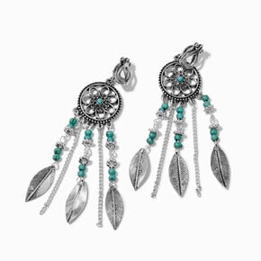 Beaded Turquoise Dreamcatcher Clip On Drop Earrings,