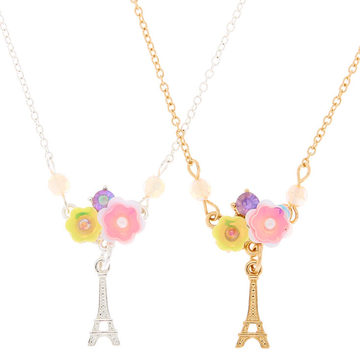 Claire's Lot de 2 colliers à pendentif best friends avec fleurs et motifs Paris en métaux mixtes