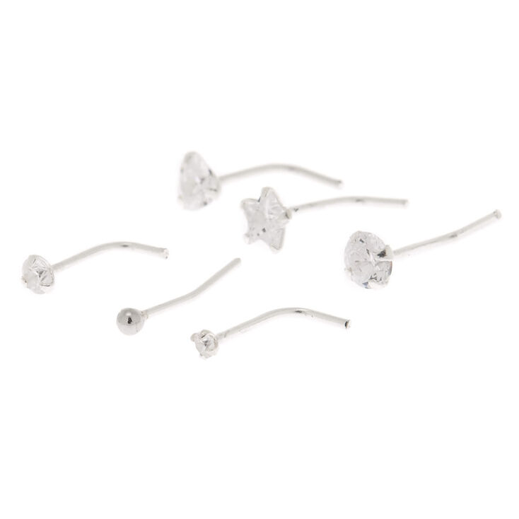 22G Sterling Silver Cubic Zirconia Mixed Nose Studs - 6 Pack,