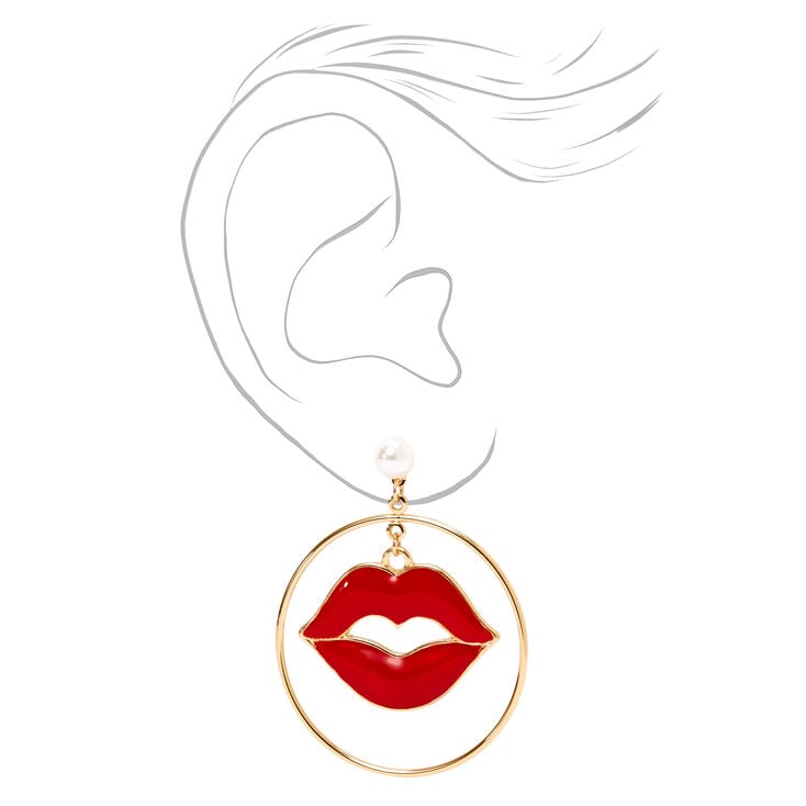 Gold 2&quot; Lips Pearl Hoop Earrings - Red,