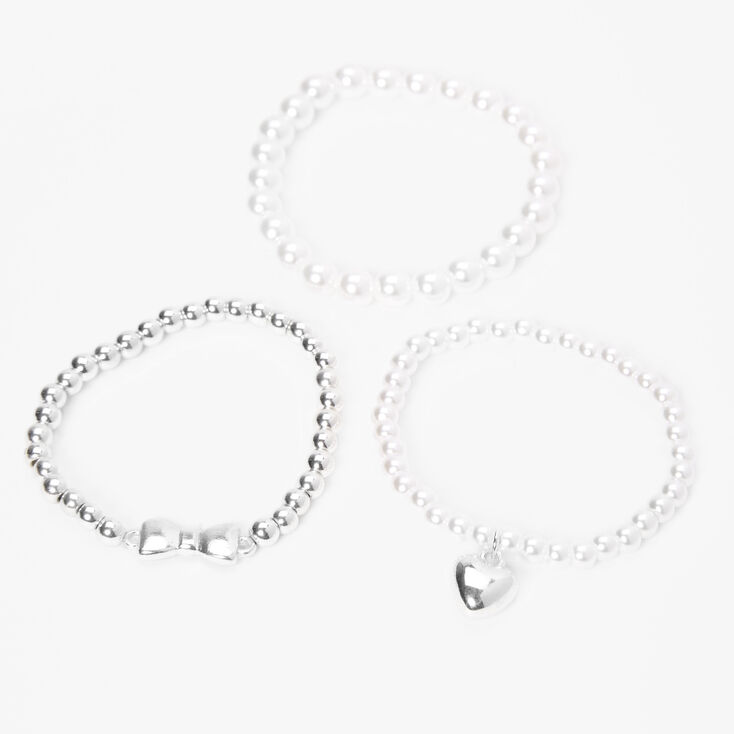 Claire&#39;s Club Special Occasion Silver Heart Pearl Bracelets &#40;3 Pack&#41;,