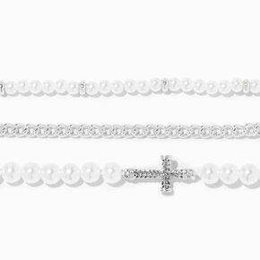 White Pearl Beaded &amp; Cross  Bracelet Set - 3 Pack,