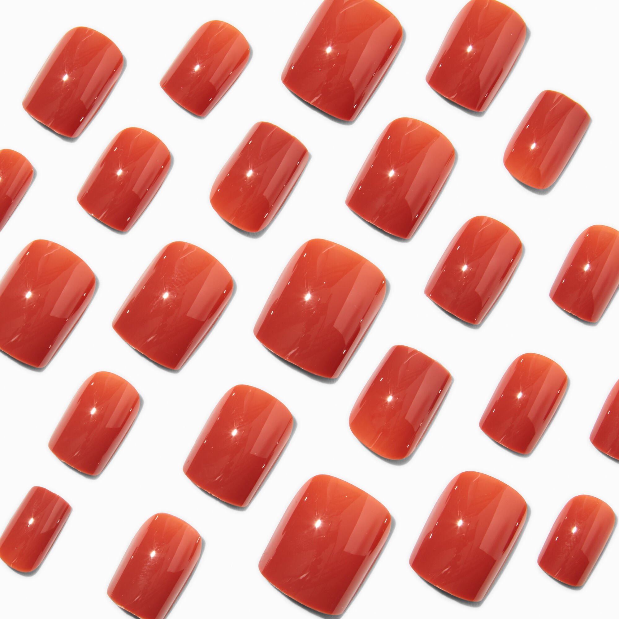 Faux ongles vegan carrés courts brillants orange brûlée - Lot de 24,