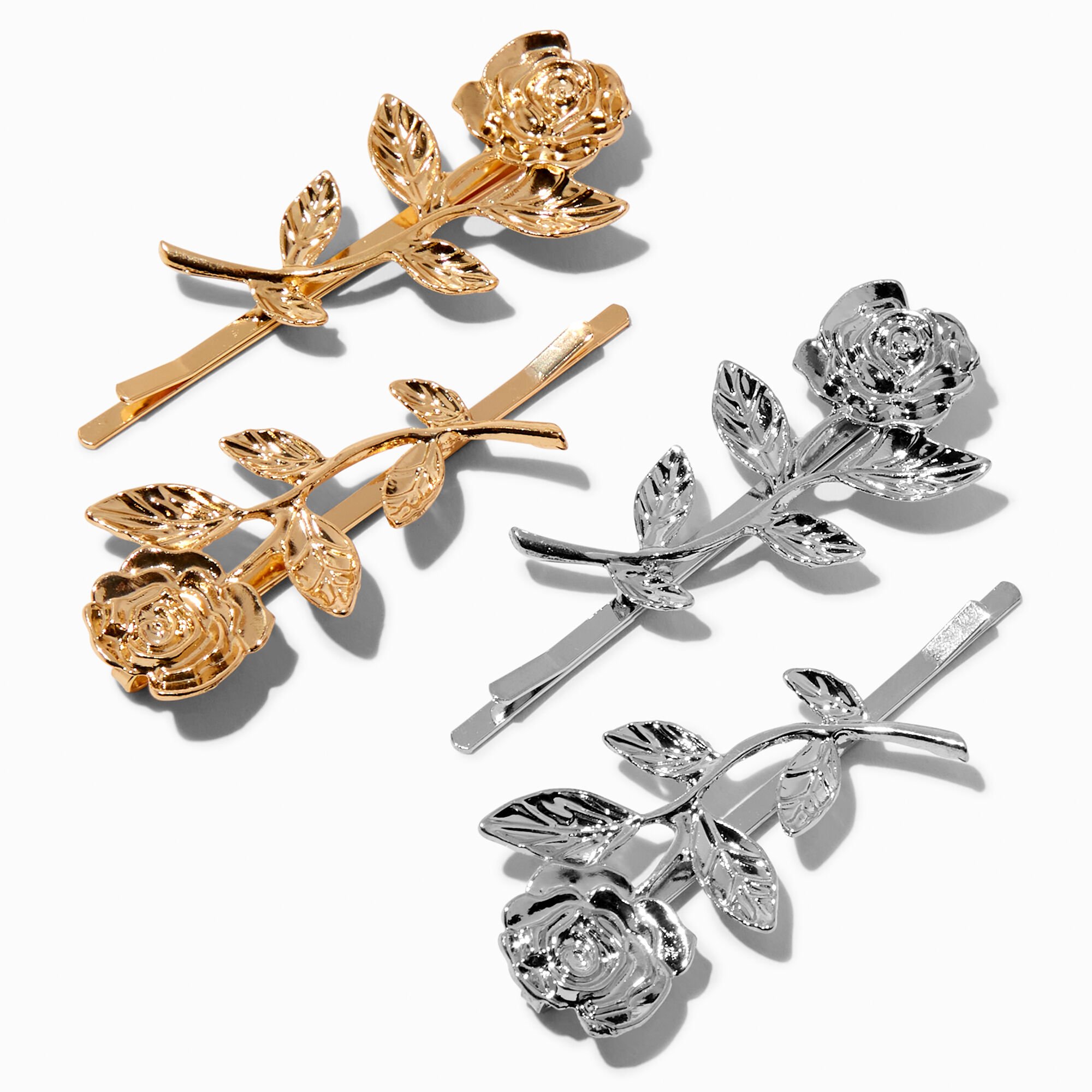 View Claires Mixed Metal Rose Hair Pins 4 Pack Gold information