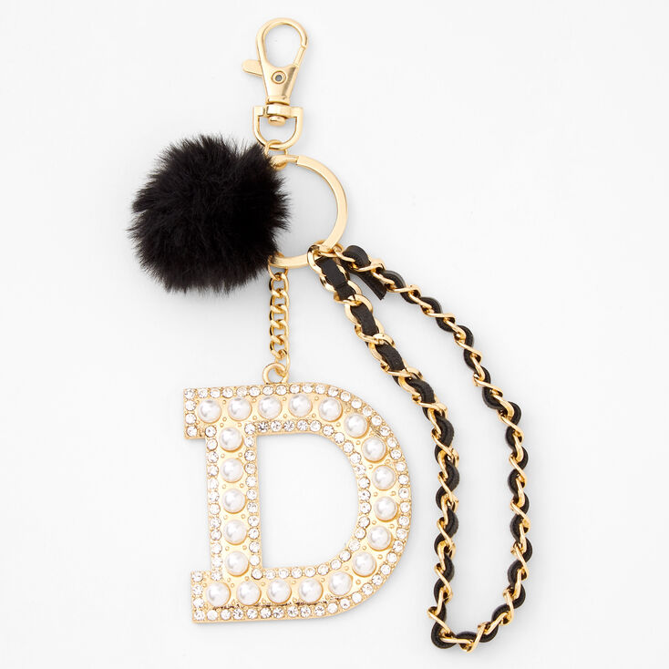 Gold Bling Initial Pom Pom Keyring - Black, D,