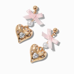 Gold-tone Crystal Heart Pink Bow Drop Earrings,