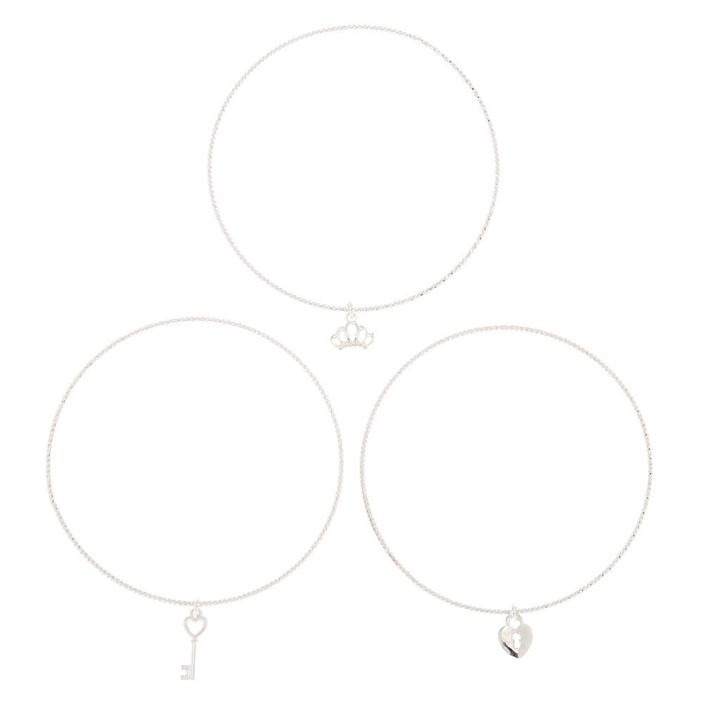Silver Romantic Charm Bangle Bracelets - 3 Pack,