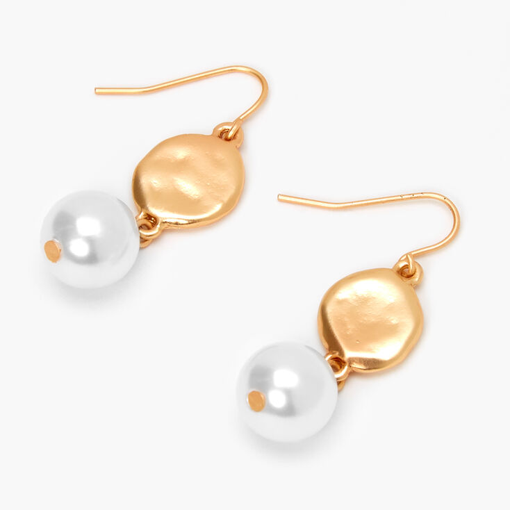 Gold 2&quot; Hammered Disc Pearl Drop Earrings,