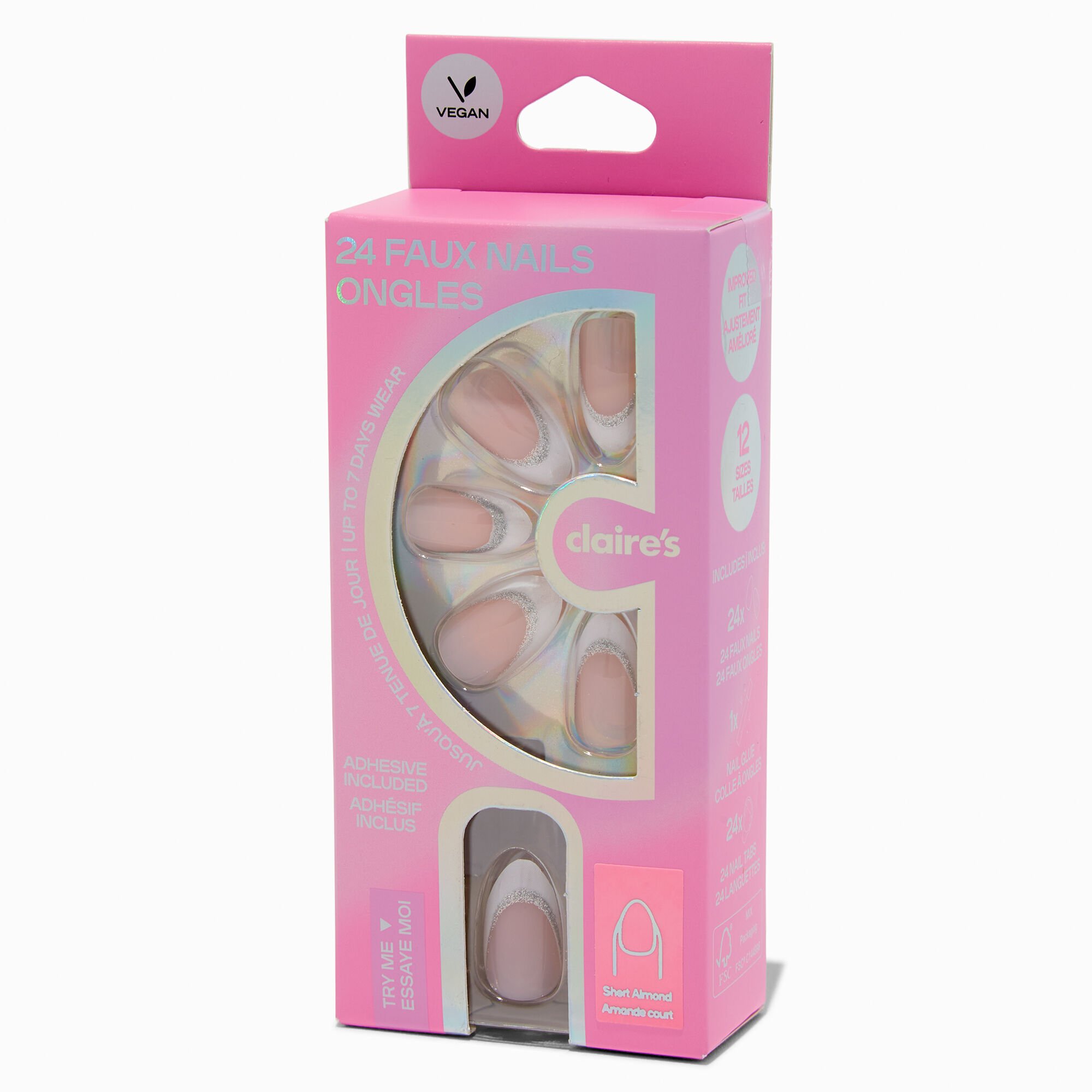 Faux ongles vegan courts en amande à paillettes French manucure - Lot de 24,
