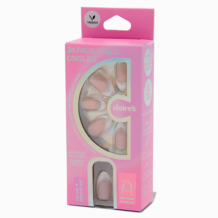 French Tip Glitter Short Almond Vegan Faux Nail Set - 24 Pack,