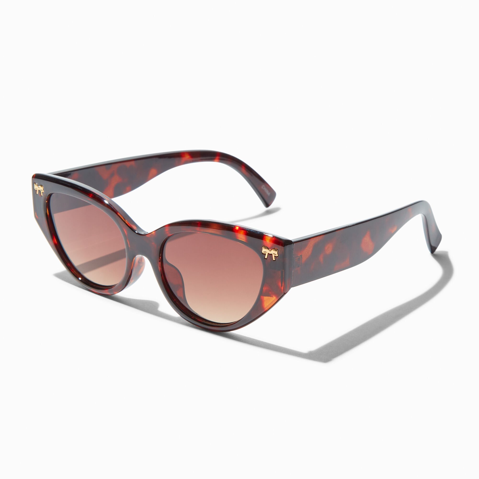 Gold Bow Studded Brown Tortoiseshell Retro Sunglasses,