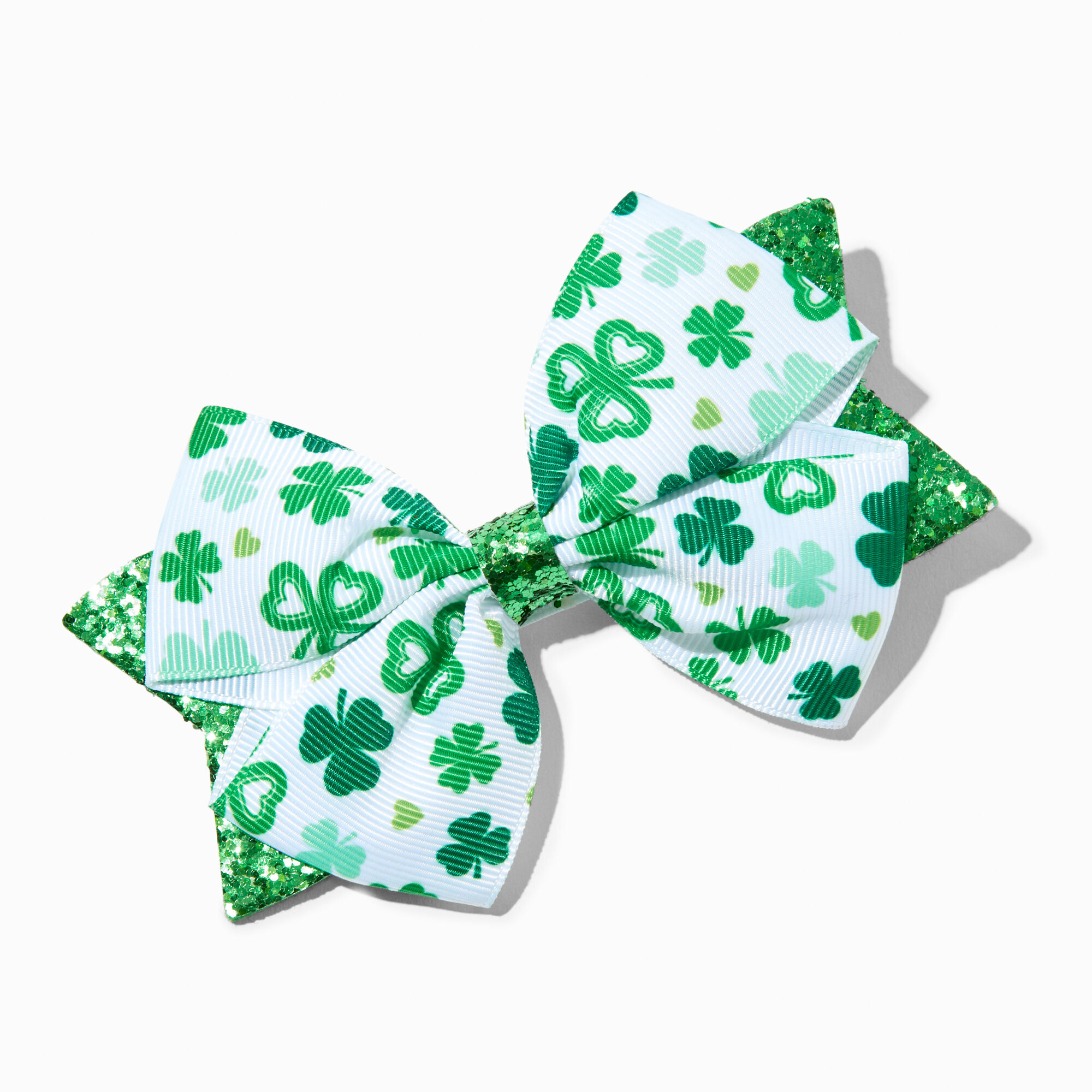 View Claires ShamrockPrint Large Bow Hair Clip Green information