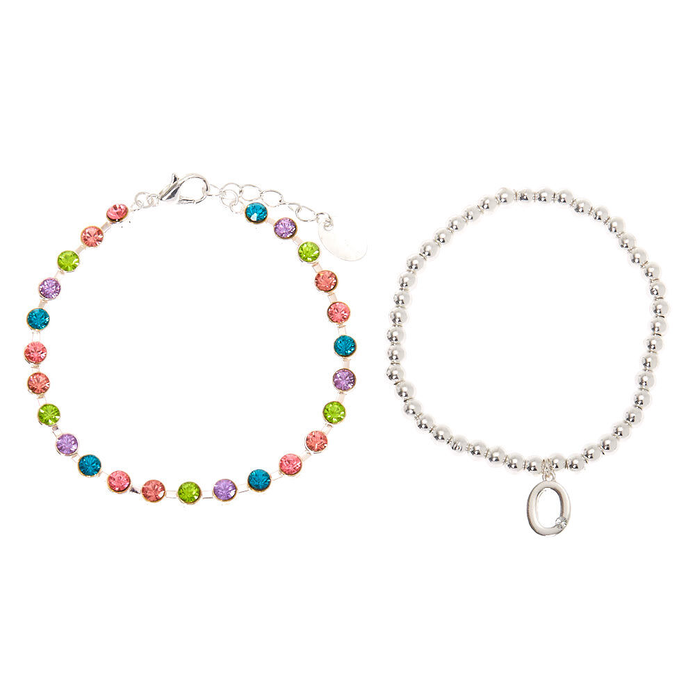 Coffret cadeau parure de bijoux à initiale O arc-en-ciel couleur argenté - Lot de 4,