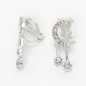 Silver Cubic Zirconia Celestial Clip-On Earrings,