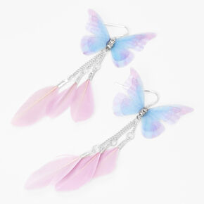Silver 5&quot; Butterfly Pink Feather Drop Earrings,