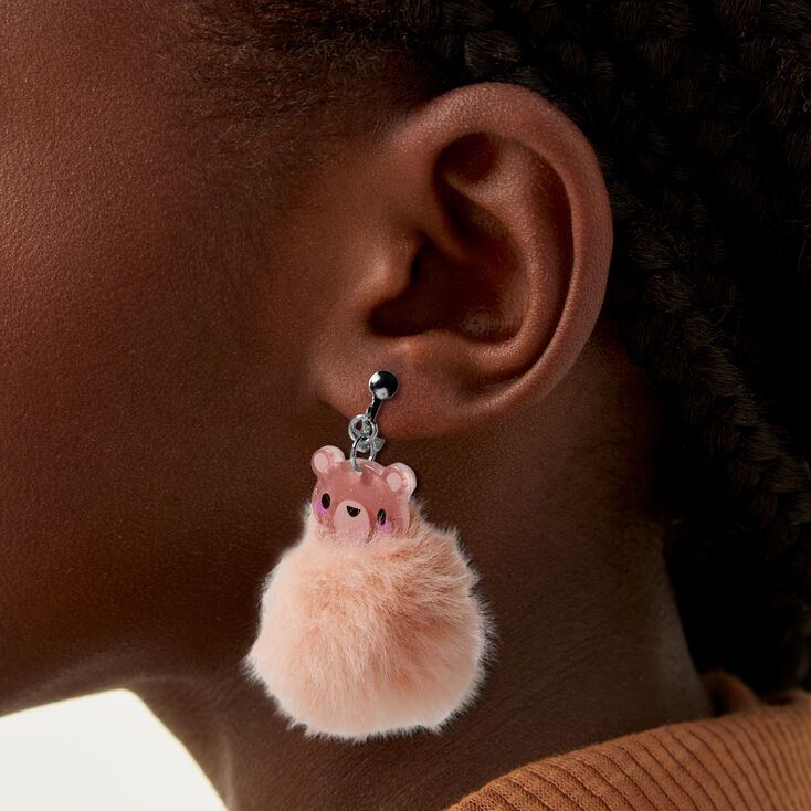 Brown Bear Pom Pom 1.5&quot; Clip-On Drop Earrings,