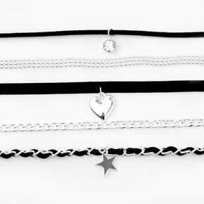 Silver Heart Star Mixed Cord Choker Necklaces - Black, 5 Pack,