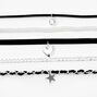 Silver Heart Star Mixed Cord Choker Necklaces - Black, 5 Pack,