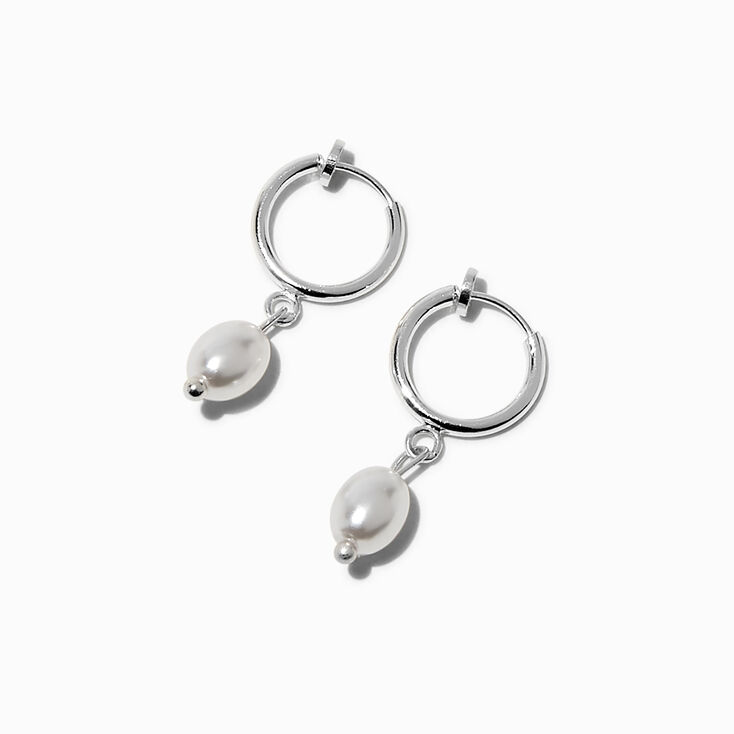 Silver-tone 10mm Pearl Clip-On Huggie Hoop Earrings,