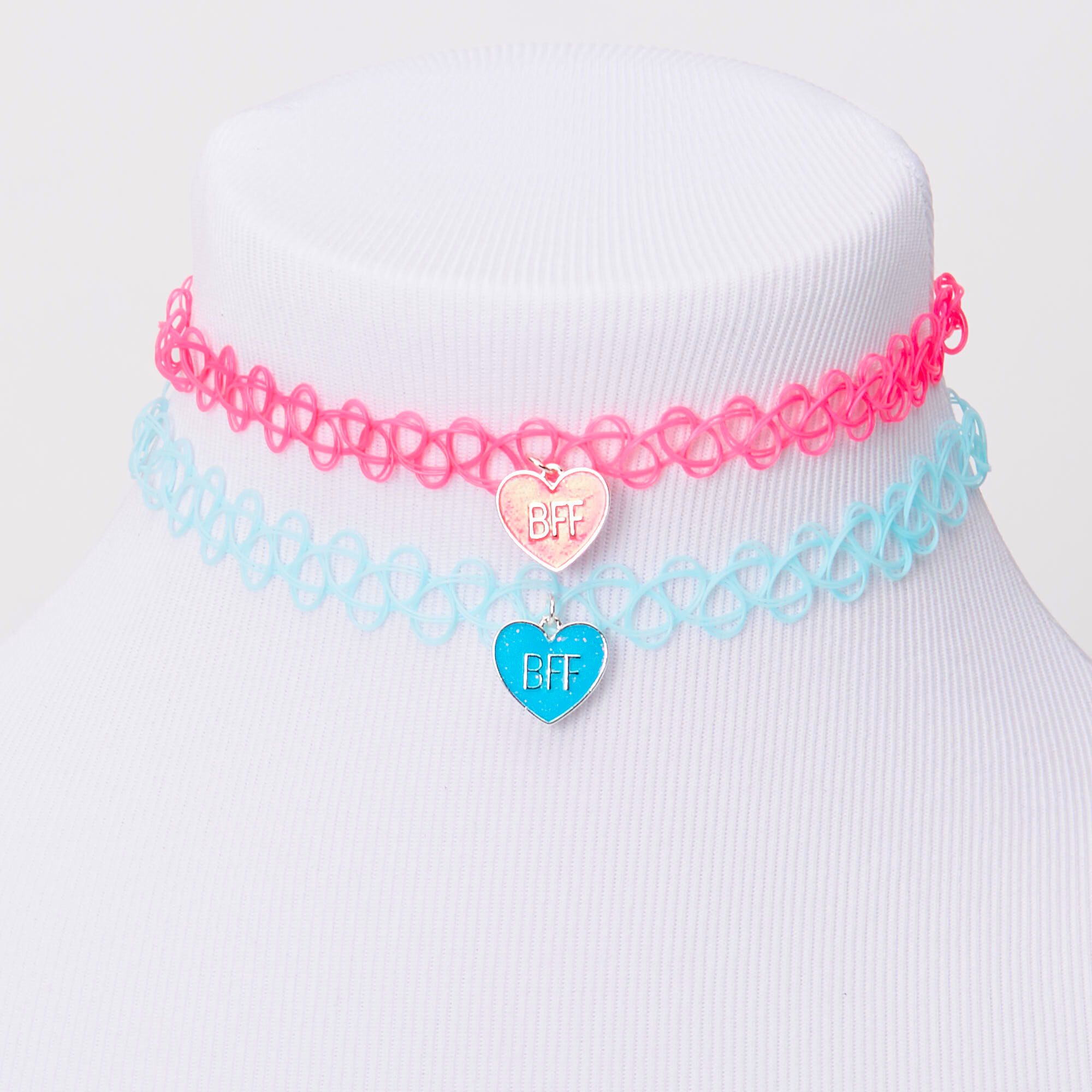 Ras De Cou Effet Tatouage Cœur Bleu Et Rose Best Friends Lot De