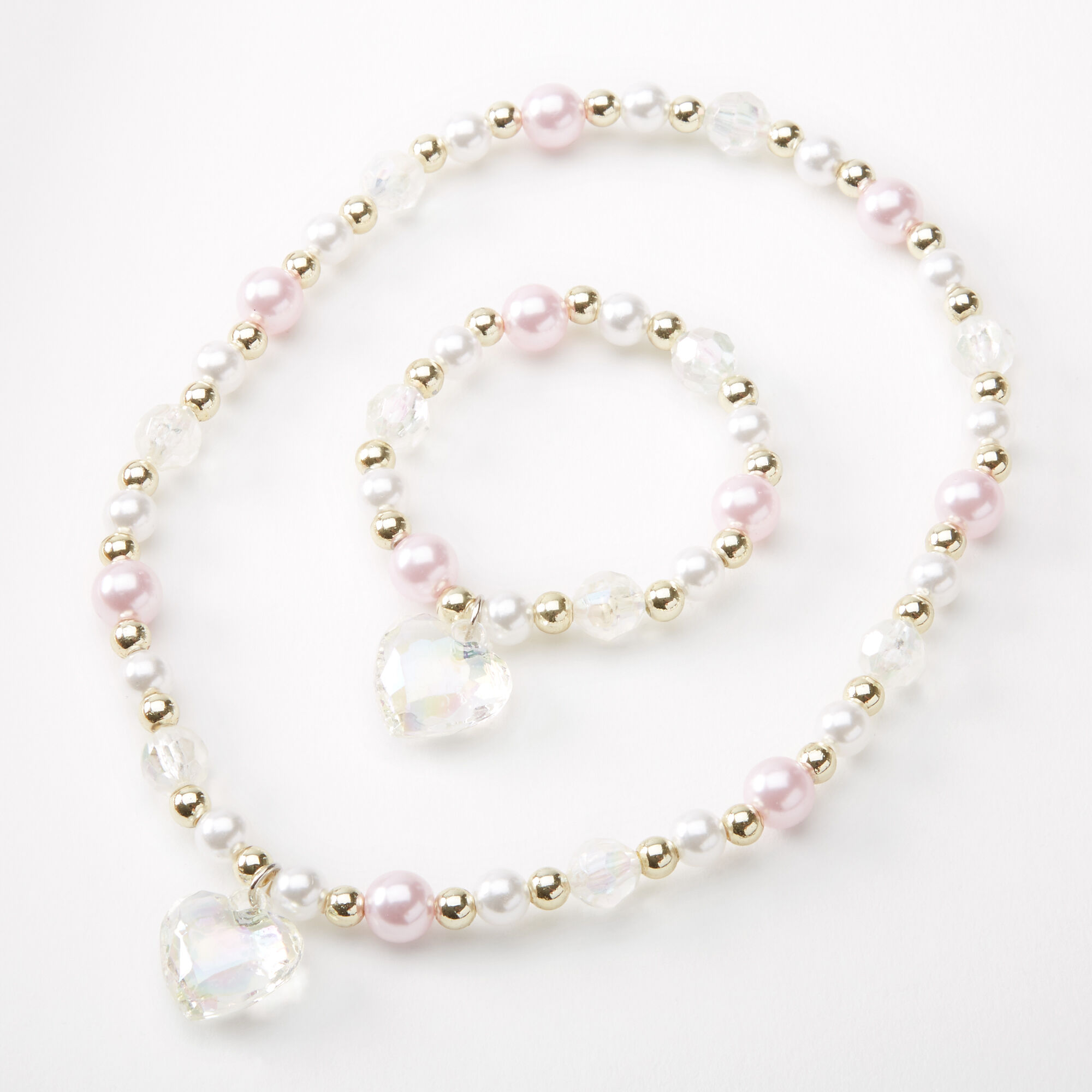 Claire s Club Pearl Heart Jewellery Set Pink 2 Pack