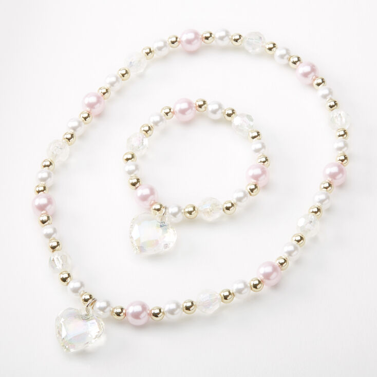 Claire's Parure de bijoux avec cœur en perles d'imitation Claire's Club - Rose, lot de 2