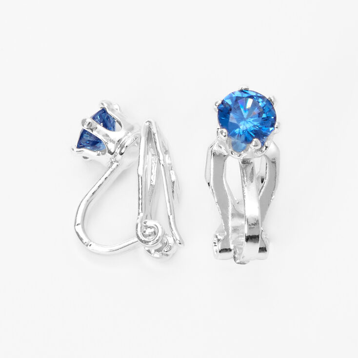 Silver Cubic Zirconia Round Clip On Stud Earrings - Blue,