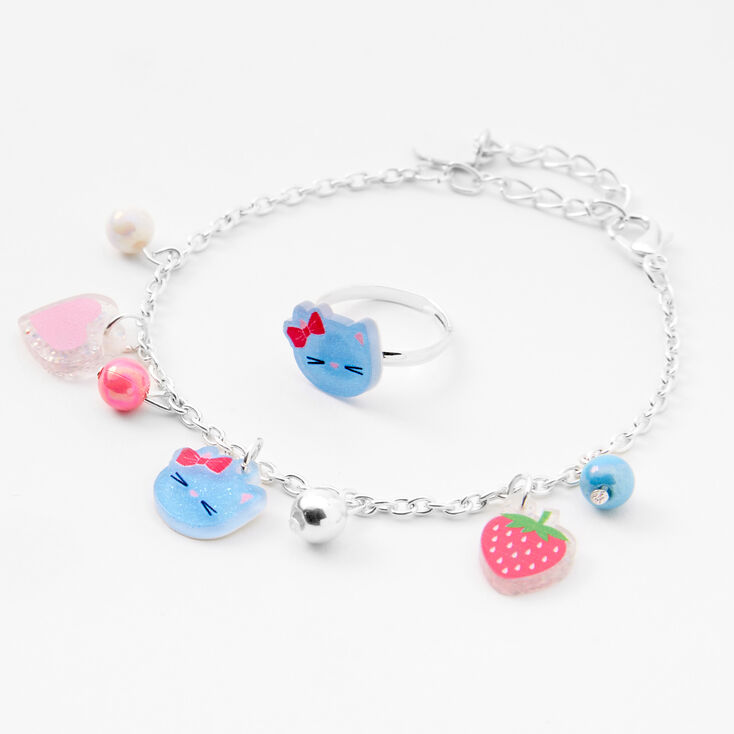 Claire&#39;s Club Silver Blue Cat &amp; Strawberry Jewelry Set - 3 Pack,