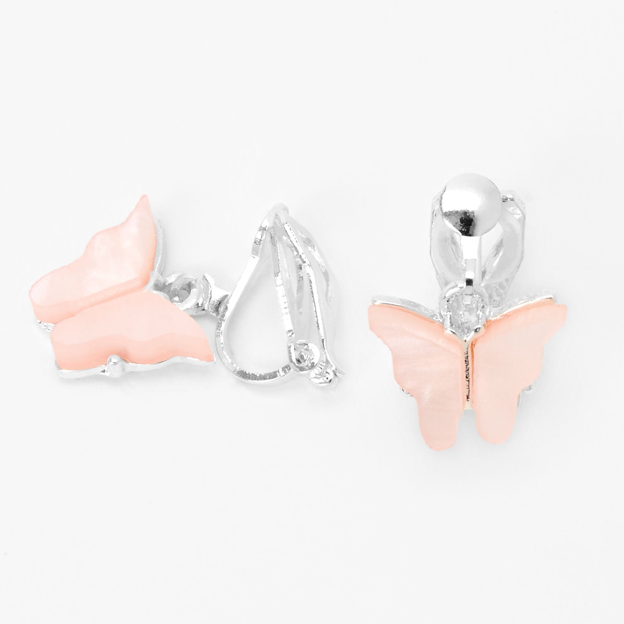 Pink Butterfly Clip-On Drop Earrings,