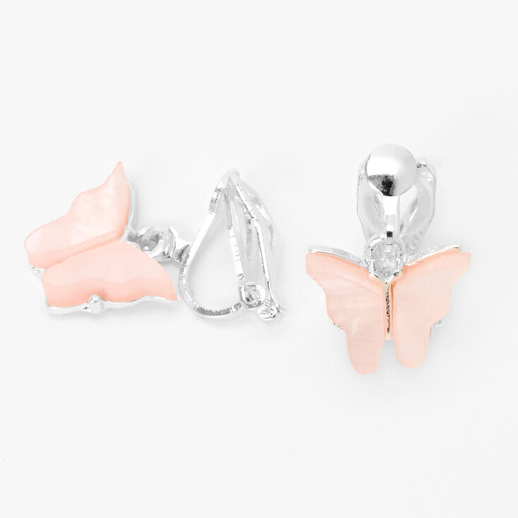 Silver Butterfly Clip On Drop Earrings - Pink,