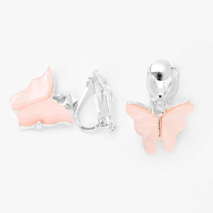 Silver Butterfly Clip On Drop Earrings - Pink,