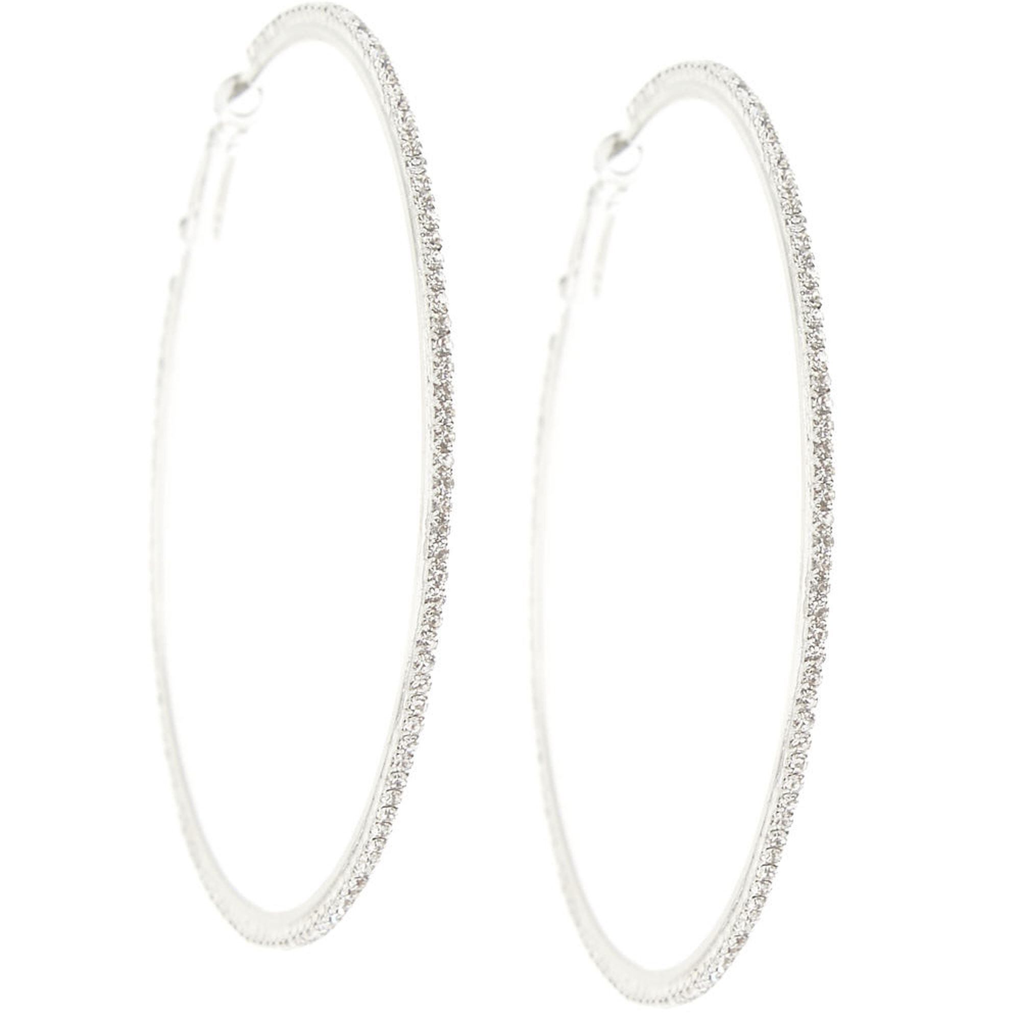 Silver Glass Rhinestone 70MM Hoop Earrings