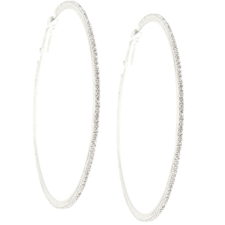 Silver Glass Rhinestone 70MM Hoop Earrings,
