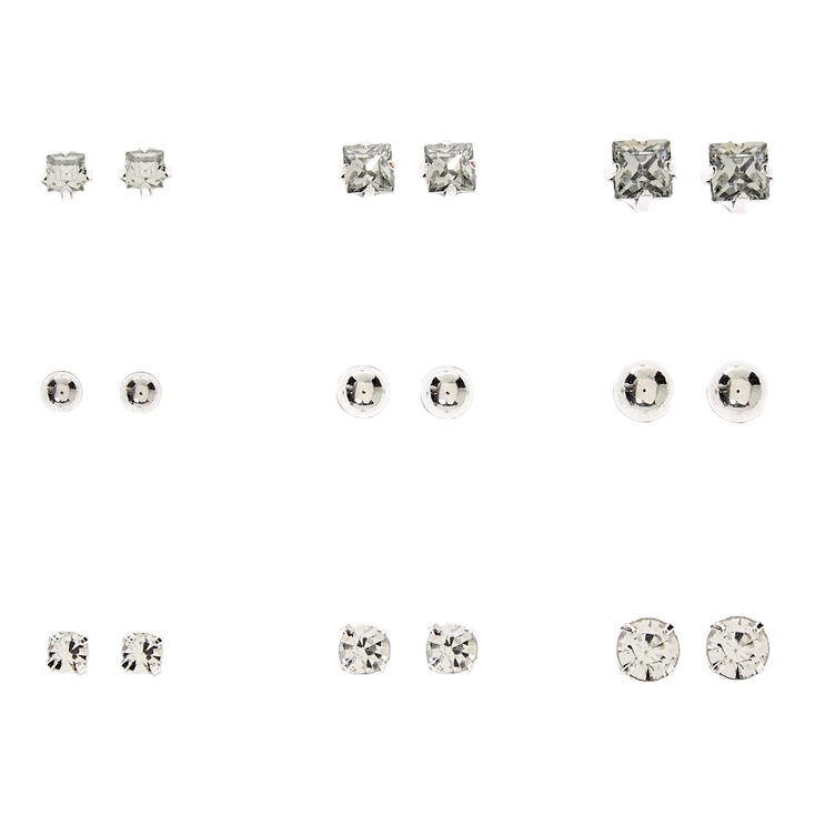 Silver Sparkly Stone Magnetic Stud Earrings - 9 Pack,