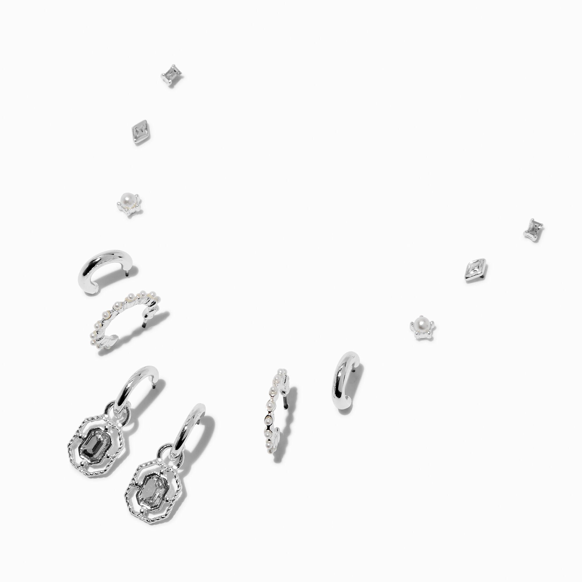 Silver-tone Pearl Crystal Earring Stackables Set - 6 Pack,