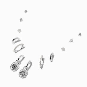 Silver-tone Pearl Crystal Earring Stackables Set - 6 Pack,