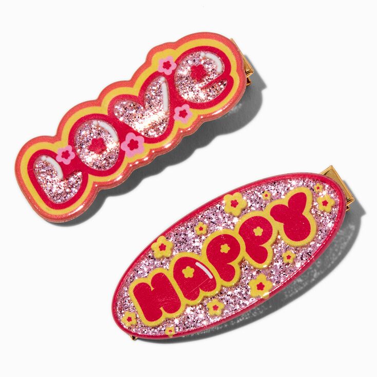 &quot;Love&quot; &amp; &quot;Happy&quot; Glitter Affirmation Hair Clips - 2 Pack,
