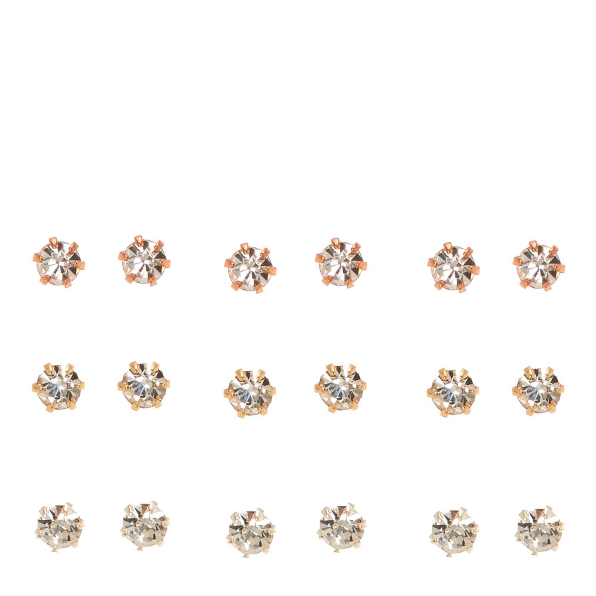 Mixed Metal 3mm Crystal Stud Earrings - 9 Pack,